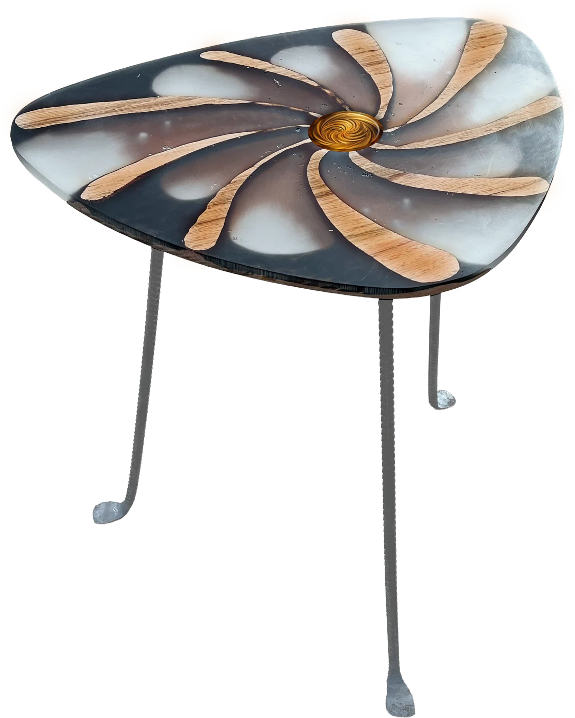 Swirl side table in resin and oak with forged steel legs